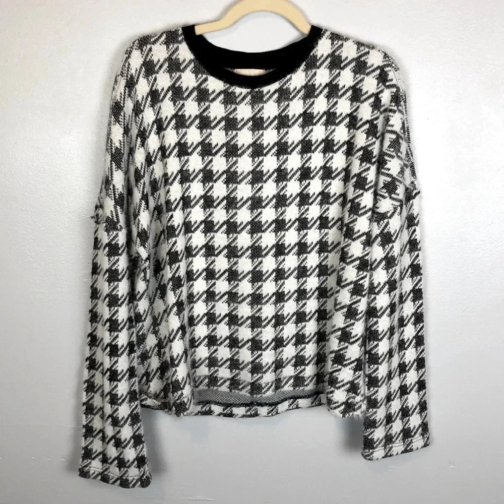 Melloday‎ XL Black White Houndstooth Knit Long Sleeve Pullover Sweater Top NWT